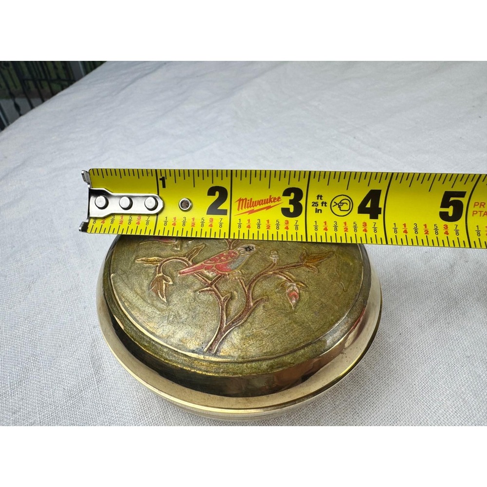 Vintage Brass Champleve Trinket Compact Bowl Bird Floral Enamel Lid Jewelry Box - Picture 7 of 11